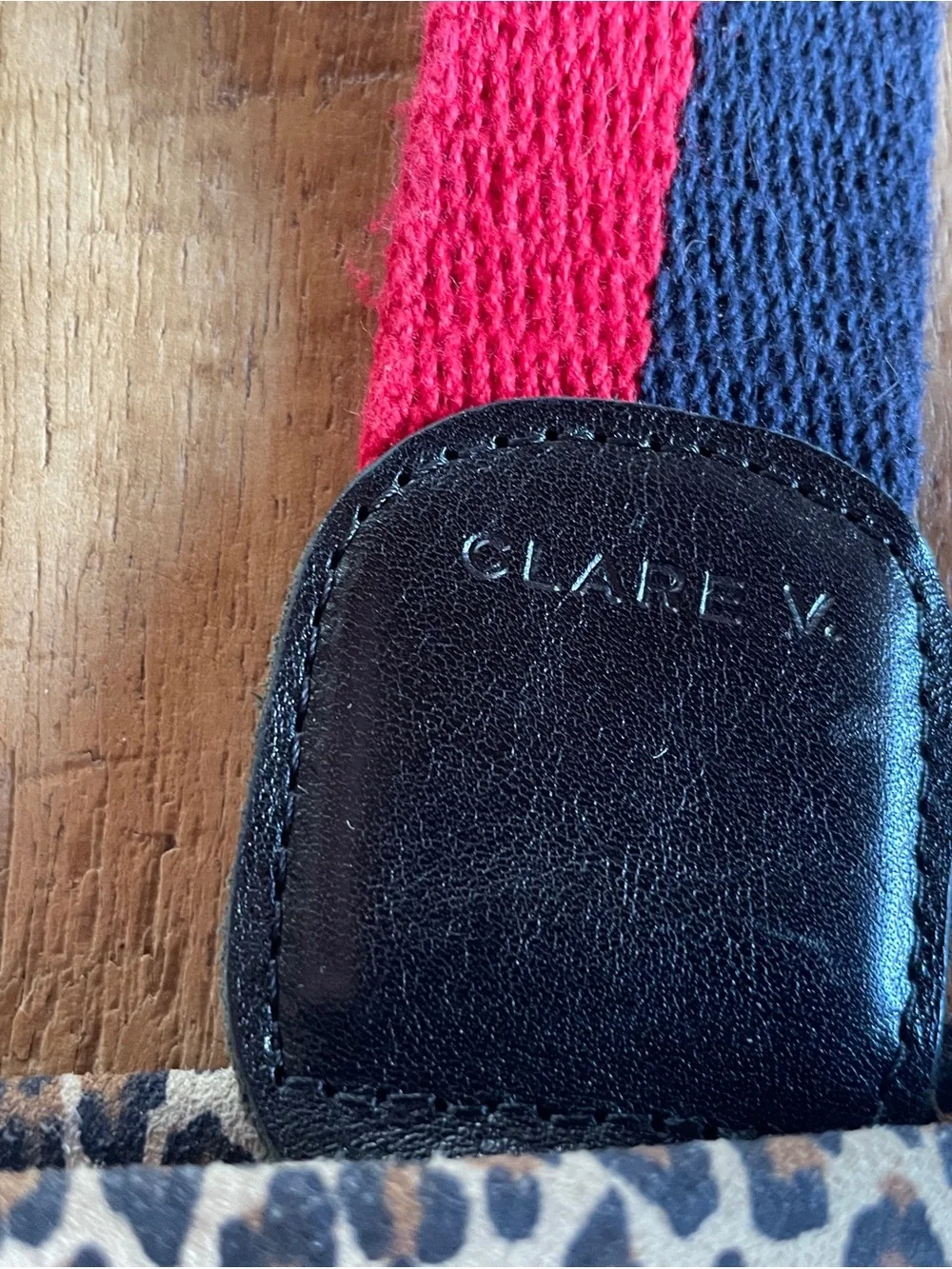 Clare V Simple Tote in Leopard Print Suede with Red and Blue Long Strap